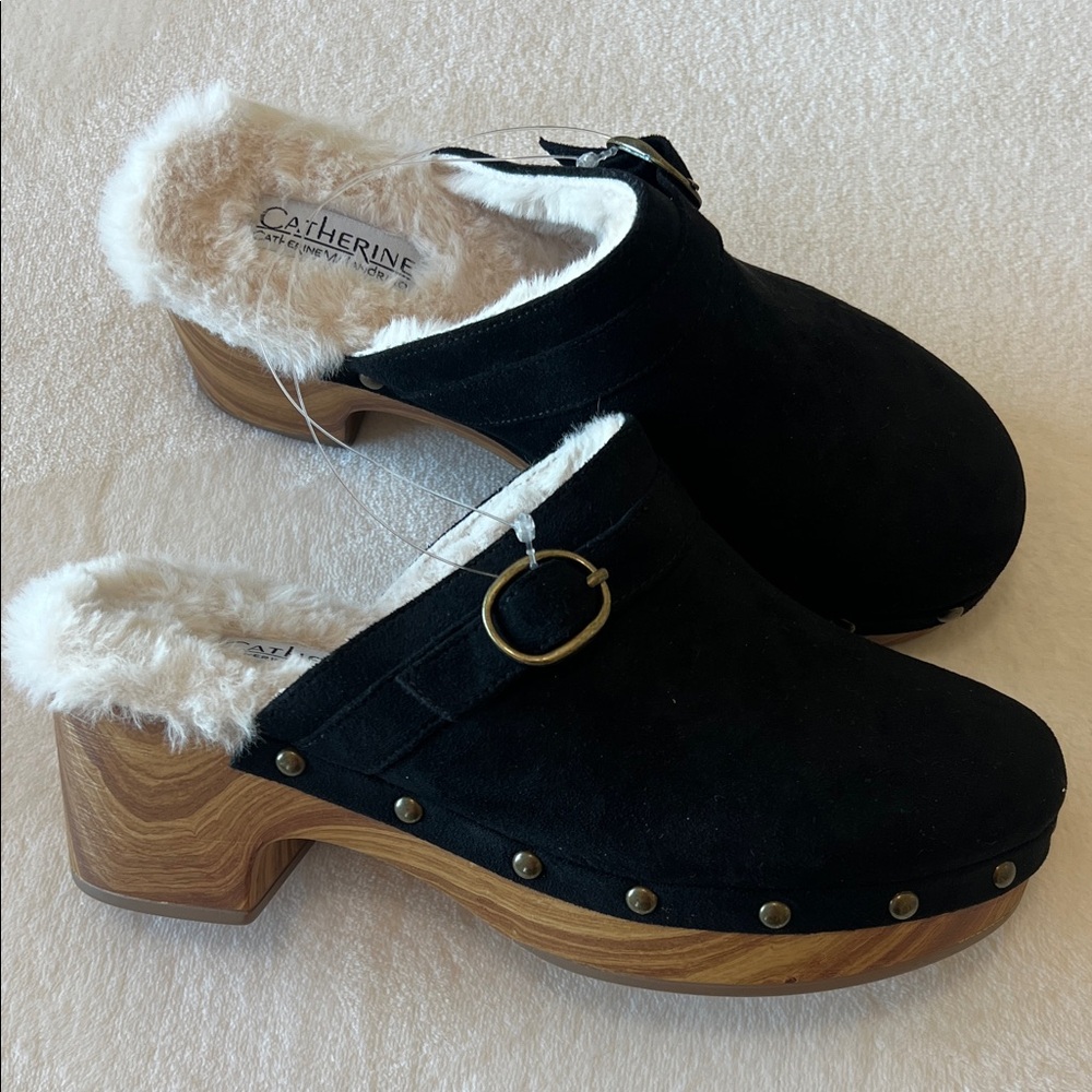 Catherine Malandrino, Black Suede Faux Fur-Lined Studded Clogs